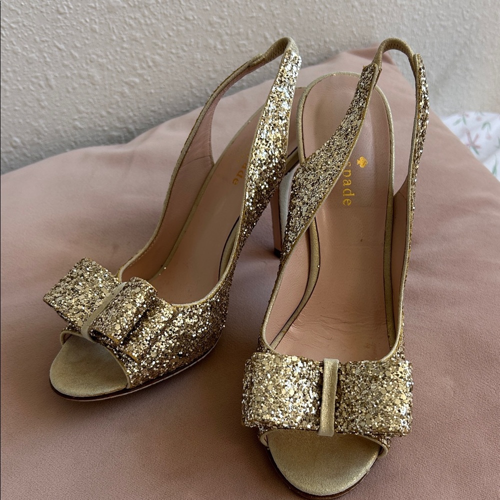 kate spade Gold Glitter Slingback Peep-Toe Heels with Bow Accent